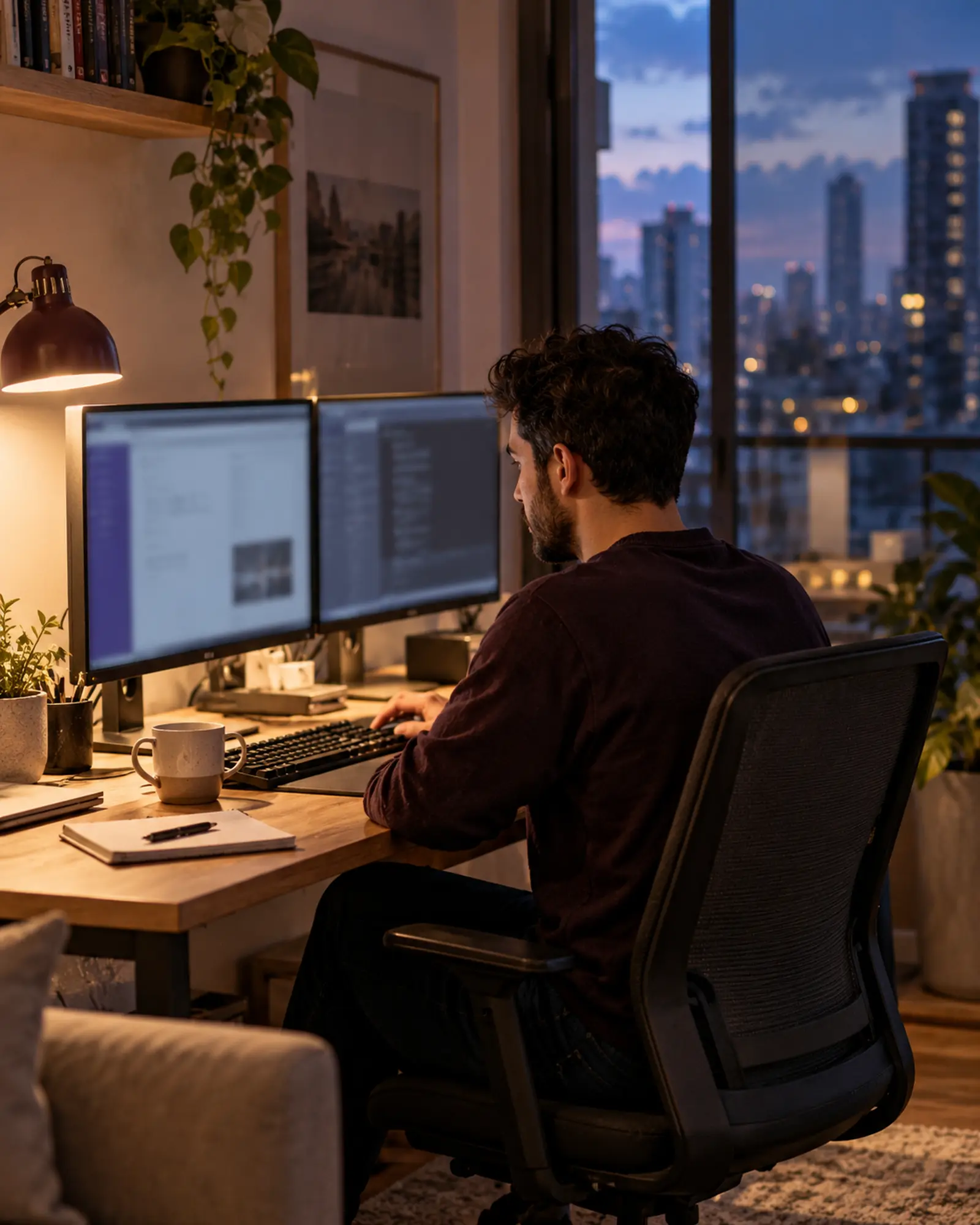 A developer-marketer working with an AI assistant late in the day