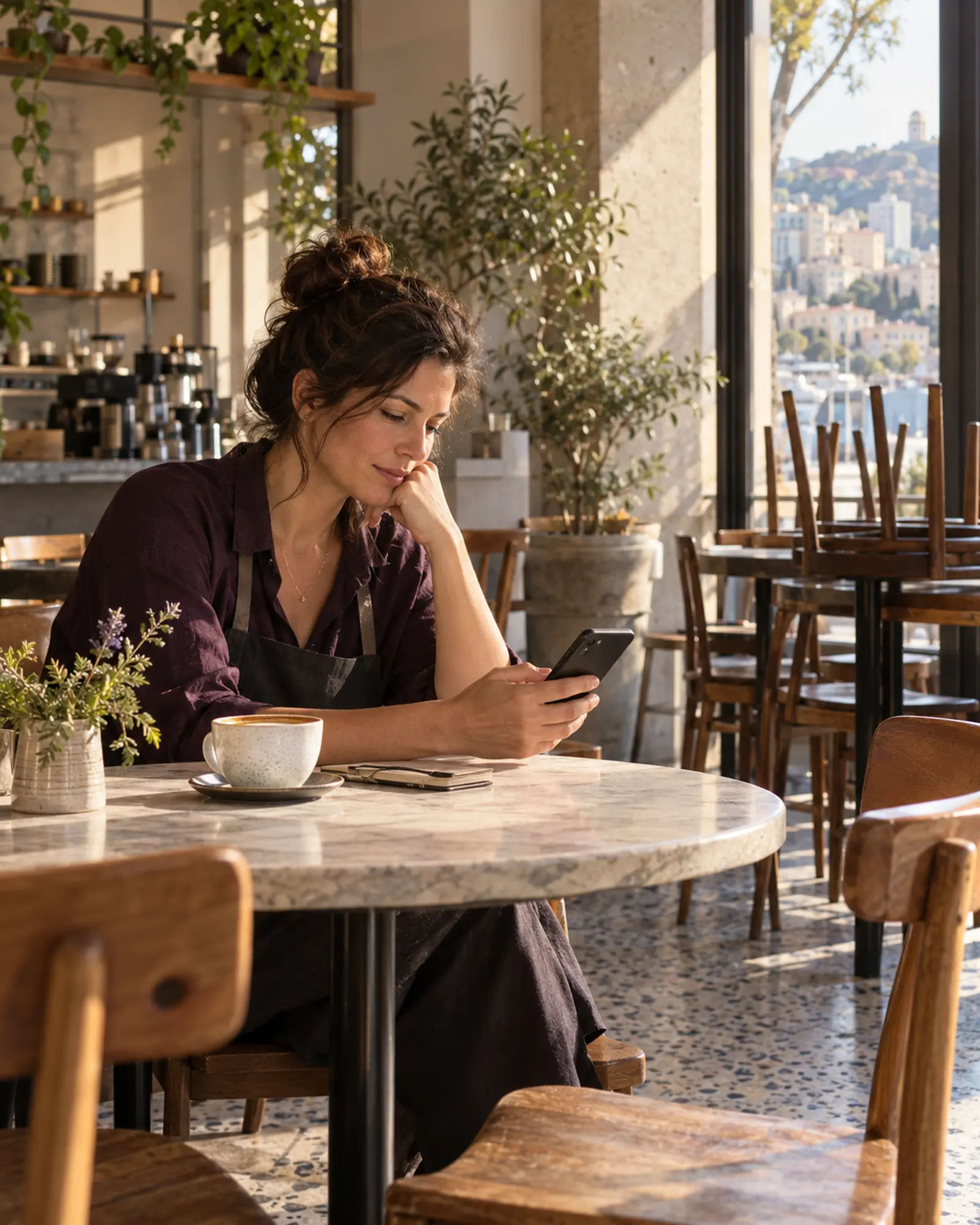 A café owner checking her morning briefing